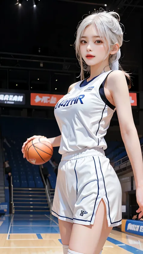 Please draw a beautiful girl with white hair playing on the basketball court.。She has a basketball、She faces the viewer with a confident smile.。White hair fluttering in the wind、I am one with her playing.。

She wears、Stylish basketball uniform。The uniform ...