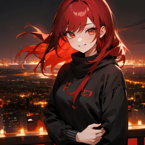 1girl black-red hair casual look ruby eyes confident smile night city in background