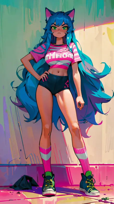 Masterpiece, best quality, high resolution, 1 woman, Long blue hair with pink stripes, smooth, green eyes, Bored face , cat ears , pink t-shirt , black bikini , abdomen, big breasts , Long legs , stand on your hips , canvas shoes , wall , Garbage bags 