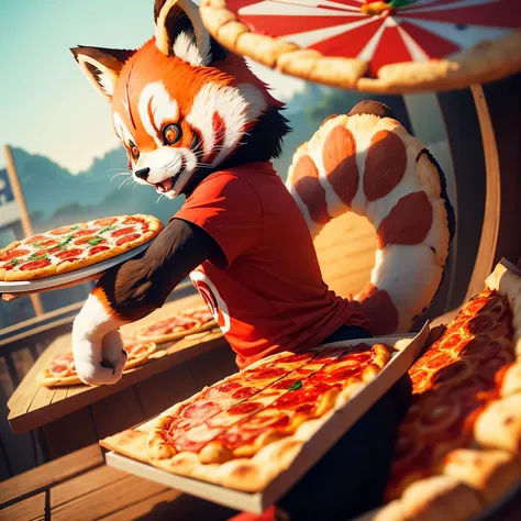 generate an image about a cartoon red panda with pizza for a pizzeria called “nippon pizzeria”