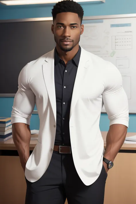 A handsome black man, in the role of a veterinary teacher, stands confidently in front of a whiteboard filled with complex anatomical diagrams. His muscular build is accentuated by his fitted lab coat, which reveals the sleeves rolled up on his toned forea...