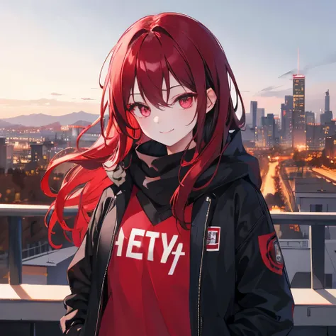 1girl black-red mid-lenght hair confident casual look ruby eyes confident smile night city in background