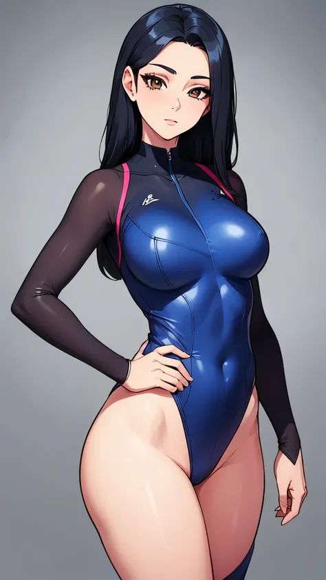 Illuminated design, high quality, animation, married woman, fair skin, beautiful face, clean, bright, eye highlights, beautiful line drawing. Black hair, white skin, brown eyes, centered, head to waist, blue leotard outfit, simple background,