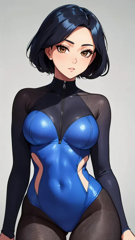 Illuminated design, high quality, animation, married woman, fair skin, beautiful face, clean, bright, eye highlights, beautiful line drawing. Black hair, white skin, brown eyes, centered, head to waist, blue leotard outfit, simple background,