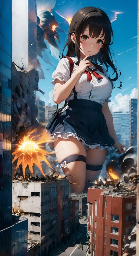 White frilly ribbon maid outfit、A girl bigger than a building、Background Blur、Gulliver&#39;s Travels、City of Rubble、Big Tits、Big Tits、Big 、Plump thighs、Plump thighs、Building fire、Giant girl sitting on the roof of a skyscraper、cigarette、Building fire、((((Bu...