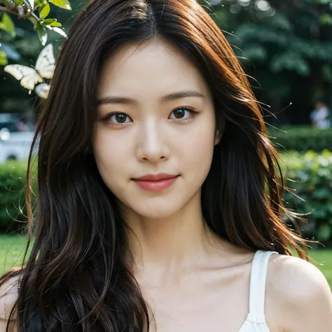 (highest quality、High resolution:1.2)、(Real、Photorealistic:1.37)、middle:Portrait、(Bright colors:1.1)、(Soft Lighting:0.9)、Detailed eyes、Detailed lips、Unique fashion style、Confident expression、Standing Vivid Flowers々Surrounded by lush gardens、Flying Butterfl...
