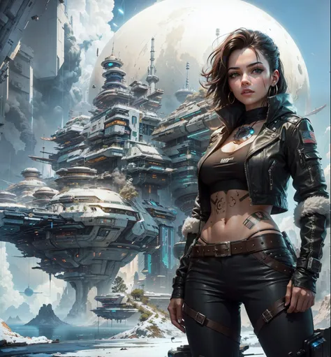 A beautiful and desiderable cyberpunk woman in front of a sci fi buildings and a huge planet in the background