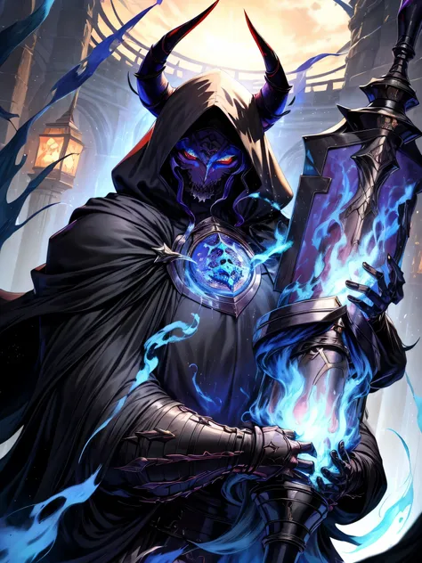 ha sang,1boy,king hassan \(fate\),horns,mask,male focus,solo,hood,hood up,cloak,upper body,looking at viewer,black cloak,(master...