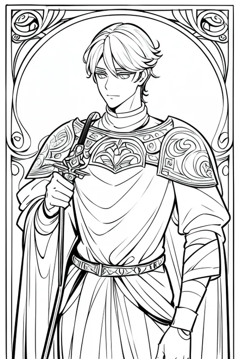 craft a charming coloring page showcasing a gallant young knight in classic medieval attire. sword on his back. with his noble d...