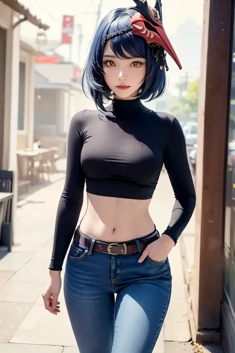 1girl, (long sleeved top, long jeans, iron belt, boots), ((midriff, navel)), town road, walking, hands in pocket, looking at vie...