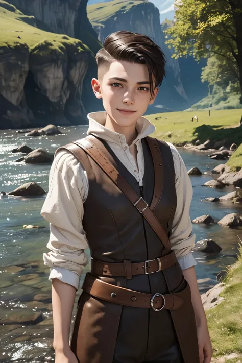 A young androgynous woman with a undercut. Kind. Friendly. In a good mood. Smiling. Tomboyish. Happy. Skinny. Very short manly haircut. Dark-brown hair. Sides shaved, undercut. Extremly pale skin with freckles and liverspots. A soft round face with freckle...