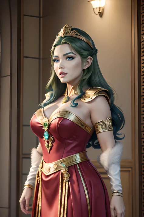 imagem de corpo inteiro, standing, Princesa Gigante Zelda, (vermelho com traje prateado:1.5), como Ultraman, mamas imensamente grandes1, terno de corpo muito apertado, maquiagem pesada no rosto, Joias azuis claras no peitoral, Helmet on head, Batom vermelh...