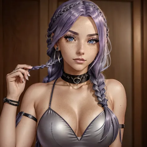 A young woman with long lavender colored hair with a single braid accent with grey colored eyes youthful freckles over nose bar setting anime in bar choker necklace mischevious troublemaker,sh44r