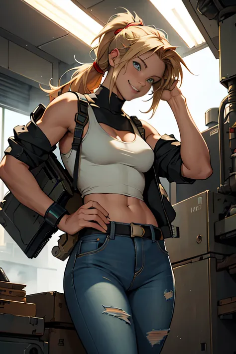 detailed, perfect anatomy, female engineer girl, mechanic girl, dirty tank top, green tank top,uniform, wrench, goggles, working on a mecha, japanese mecha,mecha robot, one girl, solo focus, blue eyes, strawberry blonde hair, ponytail, denim jeans, repairi...