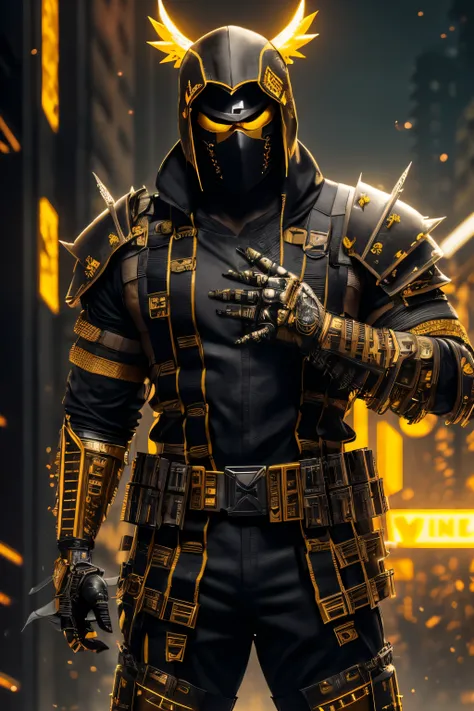 (extremely detailed 8k wallpaper), a medium shot photo of yellow cyberpunk Grim dressed as a masked  ninja in an armour made of metal from marvel, horror theme, intricate, high detail, dramatic