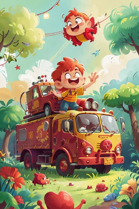 A talking fire truck, with its red body gleaming under the sun and bright yellow accents, stood amongst a backdrop of lush green trees in a childrens book illustration. Its cheerful face, painted with expressive features, smiled and waved at onlooking chil...