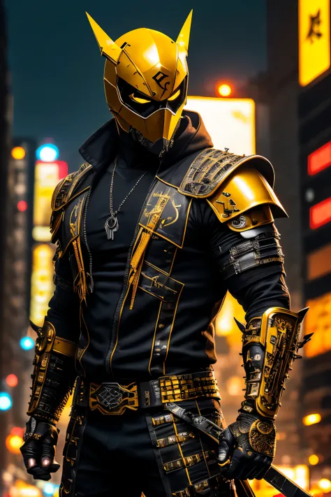 (extremely detailed 8k wallpaper), a medium shot photo of yellow cyberpunk Grim dressed as a masked  ninja in an armour made of metal from marvel, horror theme, intricate, high detail, dramatic