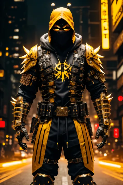 (extremely detailed 8k wallpaper), a medium shot photo of yellow cyberpunk Grim dressed as a masked  ninja in an armour made of metal from marvel, horror theme, intricate, high detail, dramatic