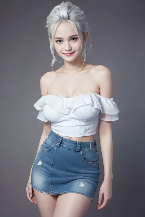 Masterpiece, Best quality, 8k, 18 years old, Raw photo, absurd, Award-winning portrait, smile, smile, pure, German, ((ombre)), huge breast, offshoulder, ((open waist)), denim, mini skirt, white hair