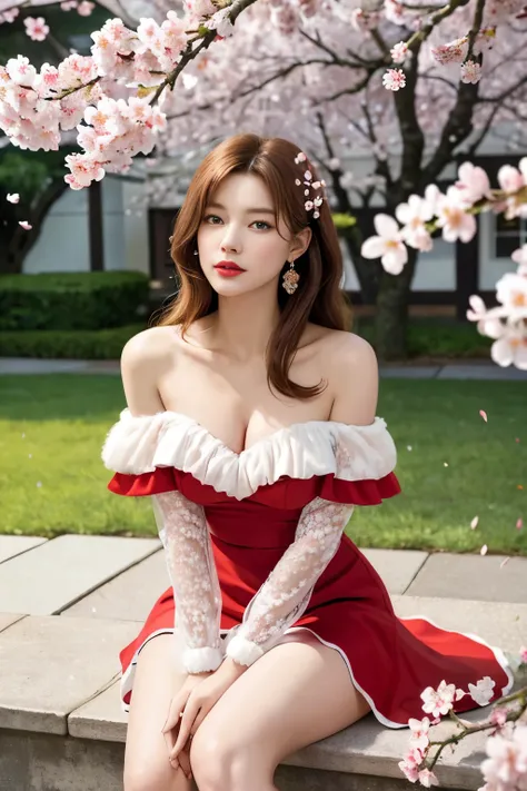 masterpiece、quality、Very detailed、Marilyn Tagg ， Pay attention to more than the thighs，Clear Face，（Best quality at best）， beautiful girl：1.5、(Fluffy red off-shoulder dress style)，Long flowing hair，Cherry tree、Cherry blossom petals in full bloom