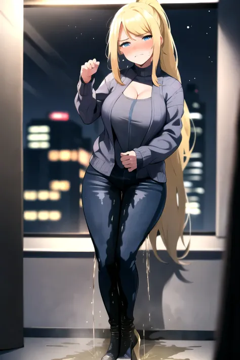 samus aran, (facing viewer:1.25), ponytail, large breasts, hair tie, jacket, (jeans:1.25), (standing straight:2.0), peeing herself, (wetting herself:1.5), very large peeing stain, huge pee stain, best quality, ultra-detailed, HDR, studio lighting, professi...