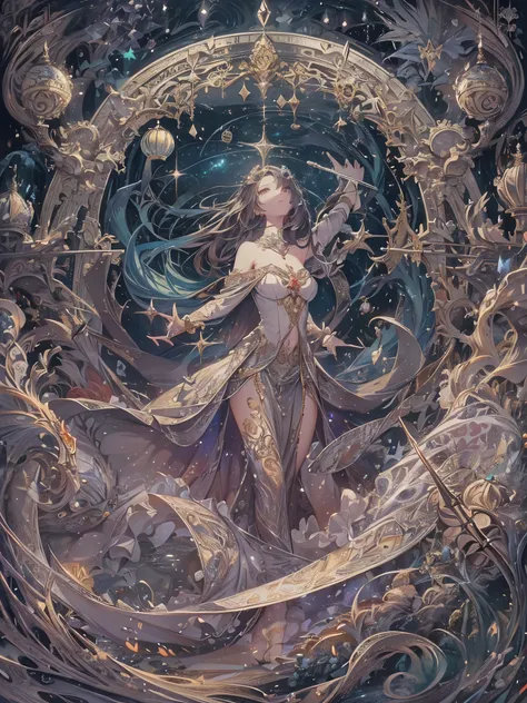 ((highest quality)),(Ultra-high resolution),(Very detailed),(Detailed Description),((The best CG)),(A masterpiece),Ultra-precise art,amazing drawing art,(Fantasy art with intricate detail:1.5), Shining constellations, Wandering with sin engraved in my mind