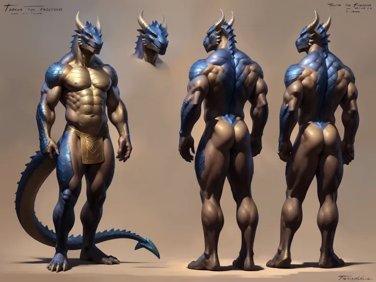 ((Masterpiece, Highest quality)), Male, man, Detailed face, character design sheet, full body, Full of details, frontal body view, back body view, Highly detailed, Depth, Many parts, Muscular anthropomorphic dragon with gold scales, handsome young dragonbo...