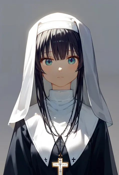 masterpiece, best quality, upper body, score_9, score_8_up, score_7_up, front, 1girl, solo, black hair, long hair, dark blue eyes, innexpressive, pale skin, small breasts, standing, upper body, nun, nun headwear, young girl, gray background, best quality
