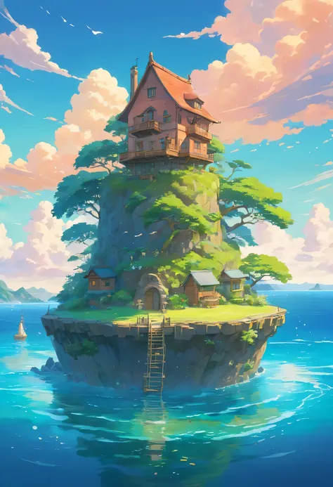 (a small house in the middle of the ocean, super detailed, leaves on the roof of the house, house in on an island, cute small place, very homely vibe), super detailed, leaves on the roof of the house, Hayao Miyazaki style, Studio Ghibli, breathtaking lands...