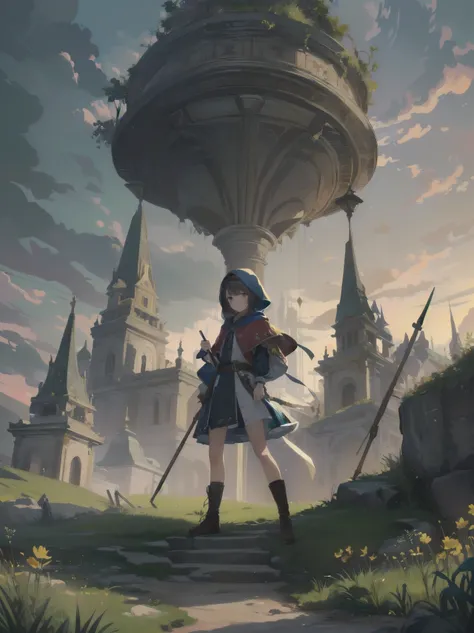 (Masterpiece, top quality, highest quality, official art, beautiful and aesthetic: 1.2), 1 girl, solo, marquise, adventurer, hood, meadow, detailed background, otherworldly fantasy with overwhelming modeling and super detailed amount of writing, one of the...