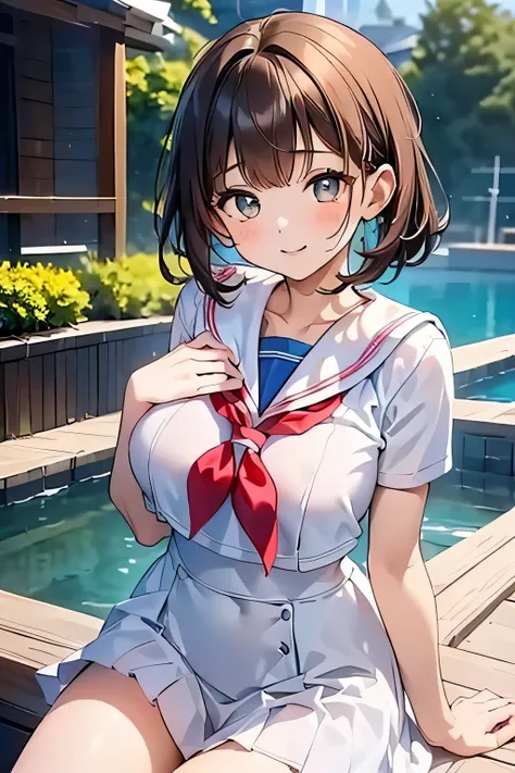 Ample breasts、Sitting on the school steps,(((A clean white sailor  that clings to the chest:1.7))),(((A woman wearing a clean sailor suit:1.7 ))), Shiny light brown and orange striped short hair,Cute Smile,Perfect round face,A bright smile that makes every...