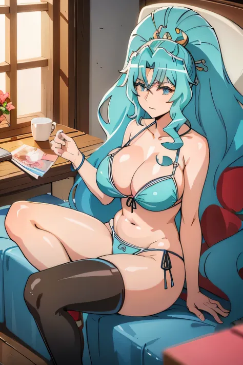 1girl, masterpiece, high quality, sexy, light blue bikini, tomoe,, huge breast, bright breasts, sitting, looking into camera, safe, sfw