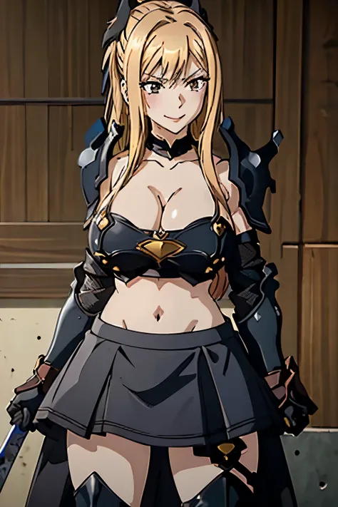 Girl, long blonde hair, brown eyes, smiling, black diadem , Black metallic armor(golden details), heavy armor, big breast, cleavage, skirt, wide hips, large thighs, anime style, masterpiece, chocker, metallic breastplate,athletic body, holding swords