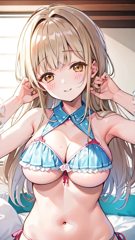 Mahiru Shiina、bikini blanco、20 years、1girll、big breasts,  beautiful, 8k、mirando al espectador, sonrisa alegre, carismatica, cuerpo completo, solamente