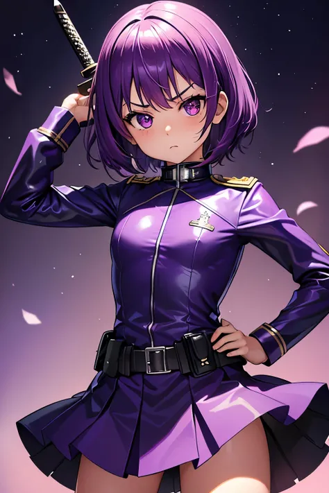 Ultra detailed,   girl 8 years old,  childshi body  , short purple  hair frinje , hero mask , angry , uniform hero kevlar latex purple , seios  planos , colete aprova  de  balas  , cinto-de-utilidades coldrer , chess skirt , botas militares  .  Katana . 