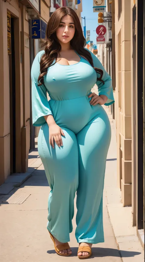 Arabic Woman in street, curvy body , wearing jumpsuit pajamas, beautiful woman, very detail ,pawg, long legs ,thick high, full body in camera, pawg, wearing strap wedges