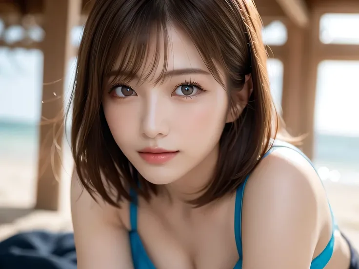 (best quality: 1.5), (realistic: 1.5), (1 person: 1.5), (crawling position), (all fours), seductive pose, very detailed, so-so, high resolution, 8k wallpaper, perfect dynamic composition, top body, small breasts, natural colored lips, cute smile, Japanese ...