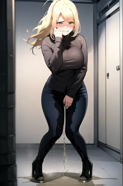 samus aran, (facing viewer:1.25), ponytail, large breasts, hair tie, jacket, (jeans:1.25), (standing straight:2.0), peeing herself, (wetting herself:1.5), very large peeing stain, huge pee stain, best quality, ultra-detailed, HDR, studio lighting, professi...