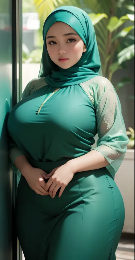 1 malay girl, modern plain hijab, shy, medium portrait, watery eyes, wearing pastel green kebaya, ((big breasts)), black bokeh background, well-proportioned body,, chubby massive thighs, full body pose