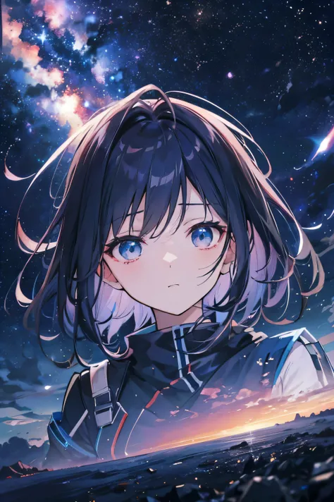 manages a spectacular anime-style image of a sky seen below, at night, with beautiful galaxies and few clouds, dark sky.