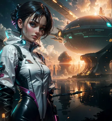 A beautiful cyber woman in front of some sci fi buildings in a sci fi scenary in another planet