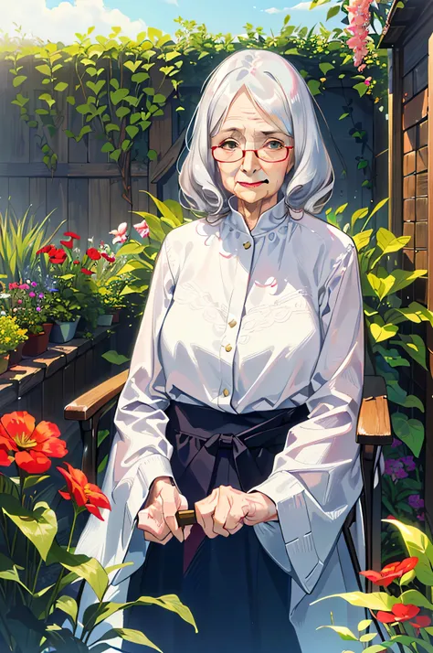 (old woman:1.5), (looking at viewr:1.5), (old woman:1.5), solo, smile,  (old woman:1.5), (white dress:1.1), curly hair, glasses, cane, (old woman:1.5), cowboy shot, grandmother, garden,upper body,