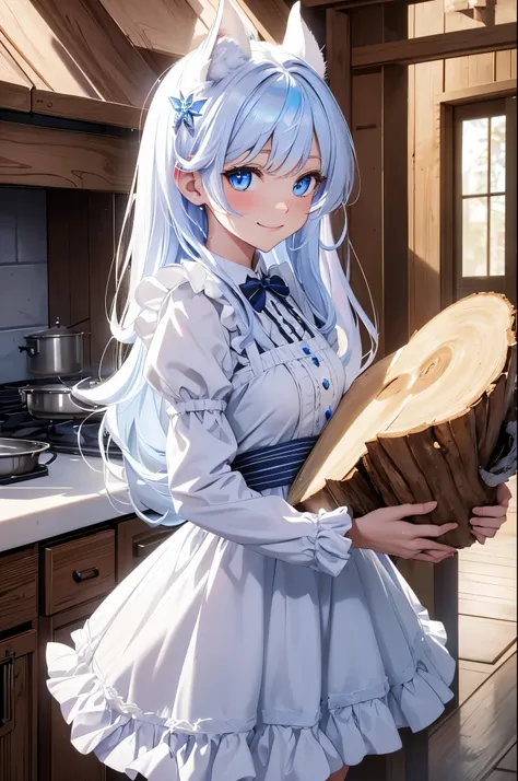 best quality, super fine, 16k, incredibly absurdres, extremely detailed, cute white wolf beast girl, big ears, iridescent blue eyes, smile, wearing cute frilly dress with white frills, cooking in an apron, background log cabin fairytale kitchen