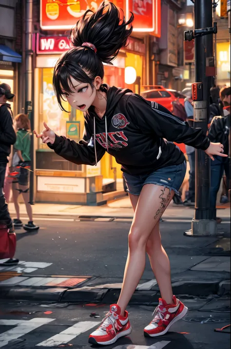 (highres:1.2),ultra-detailed,realistic,sharp focus,colorful,graffiti-covered walls,girl rapper street performer,vibrant clothing,Hip Hop singer,singing passionately,energetic performance,street art backdrop,urban atmosphere,bustling street scene,hustle and...