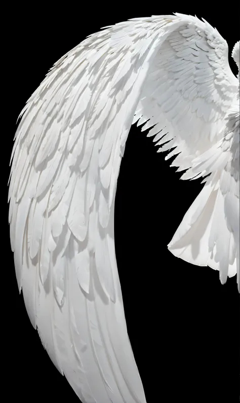 white bright glowing wing angel on black background, white realistic feather on wings, flying pose, ascending, angel wing facing bottom, ascending wing pose, very big wing, giant angel wing on closeup, closeup angel wings, angel is light source, masterpiec...