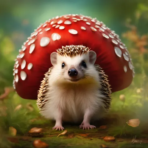 Happy  hedgehog, apple, mushrooms 