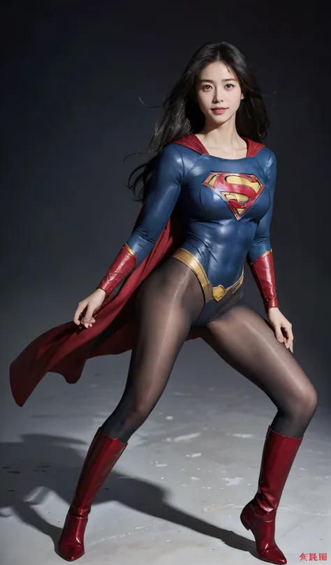 No background、(((Beautiful legs in black tights.)))、(((Legally express the beauty of your smile)))、((((Make the most of your original images)))、(((Supergirl Costume)))、(((Beautiful Hair)))、(((suffering)))、(((Please wear black tights....、Wear red boots)))、(...