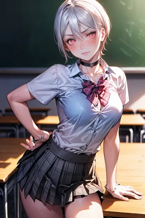 (masterpiece:1.2, highest quality), (realistic, photorealistic:1.4), beautiful illustrations,
looking at the viewer, whole body, Front view:0.6,
1 girl, Japanese, high School girl, ((Asymmetrical shorthair:1.9, silver hair:1.5)), ((sharp gaze:1.9, Pink g...