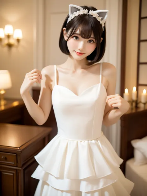 beautiful and delicate portrait of a playful cute girl with boyish short hair, black hair, white maid clothes、cat ears on the he...