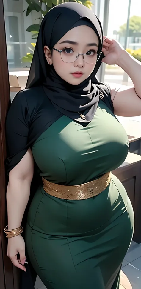 1 malay girl, modern plain hijab, shy, medium portrait, watery eyes, wearing dark green kebaya, ((big breasts)), black bokeh background, well-proportioned body,, chubby massive thighs, full body pose, wearing a necklace , wearing 10 bracelet , wearing a sn...